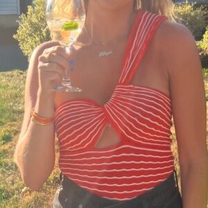 Zara Orange-Red One Shoulder Striped Crochet Top